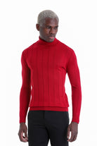 Vibrant red ribbed knit turtleneck sweater with a sleek, form-fitting design.