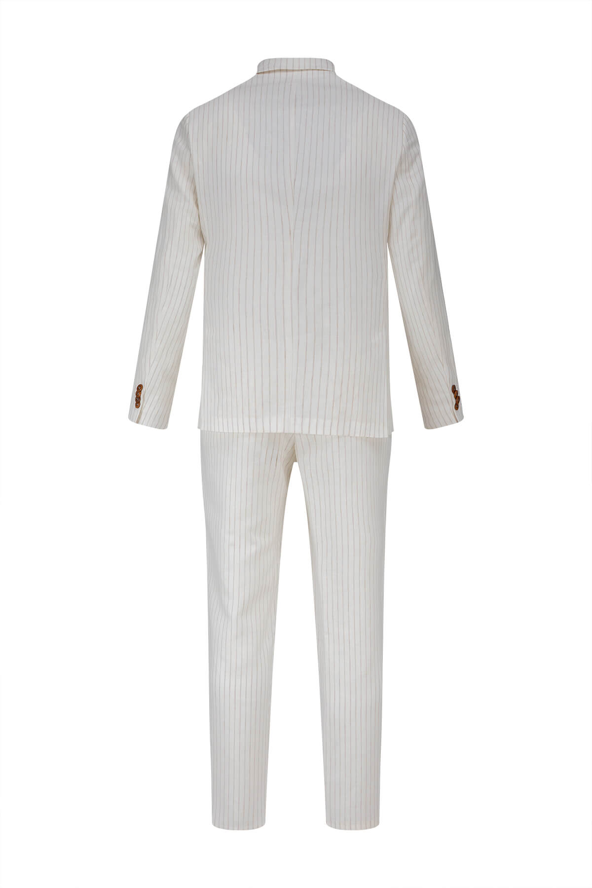 A crisp white pinstripe suit with a classic tailored fit and subtle brown button accents on the cuffs.