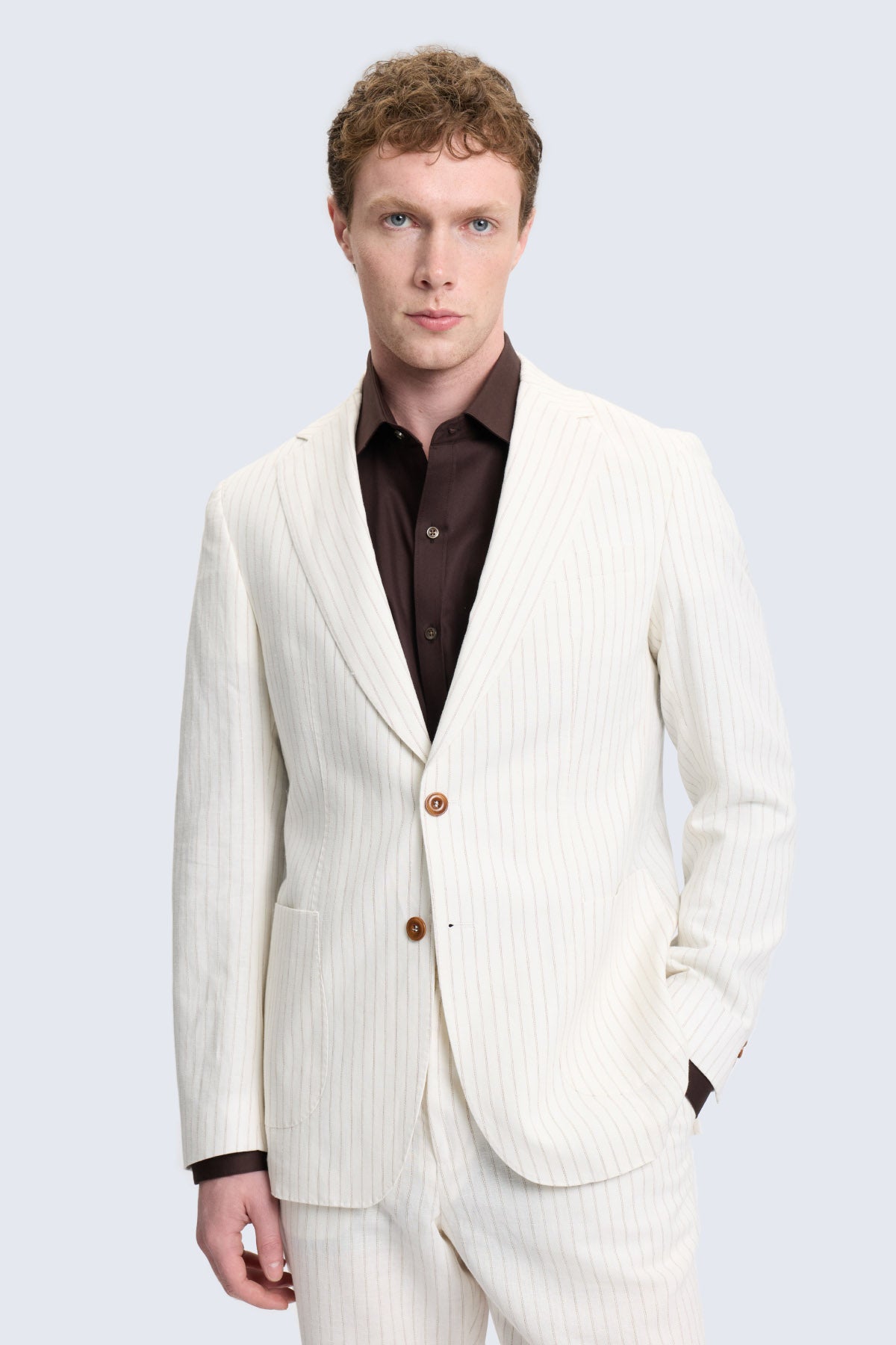 Comfort fit ecru notch lapel pinstripe linen-cotton suit jacket with brown buttons and matching trousers