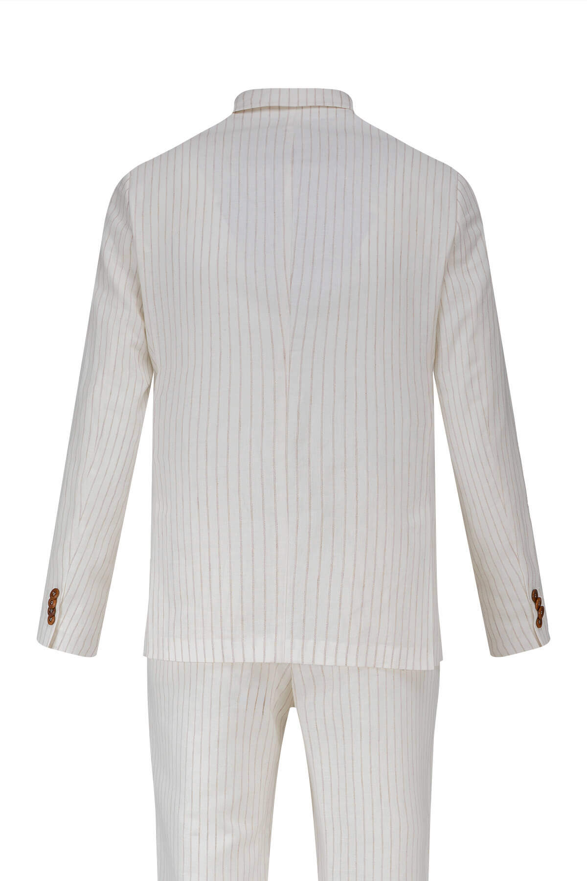 A crisp white pinstripe suit with subtle vertical stripes and matching trousers, featuring brown button accents on the cuffs.