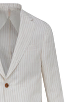 A crisp white pinstripe blazer with fine vertical stripes and a single brown button.