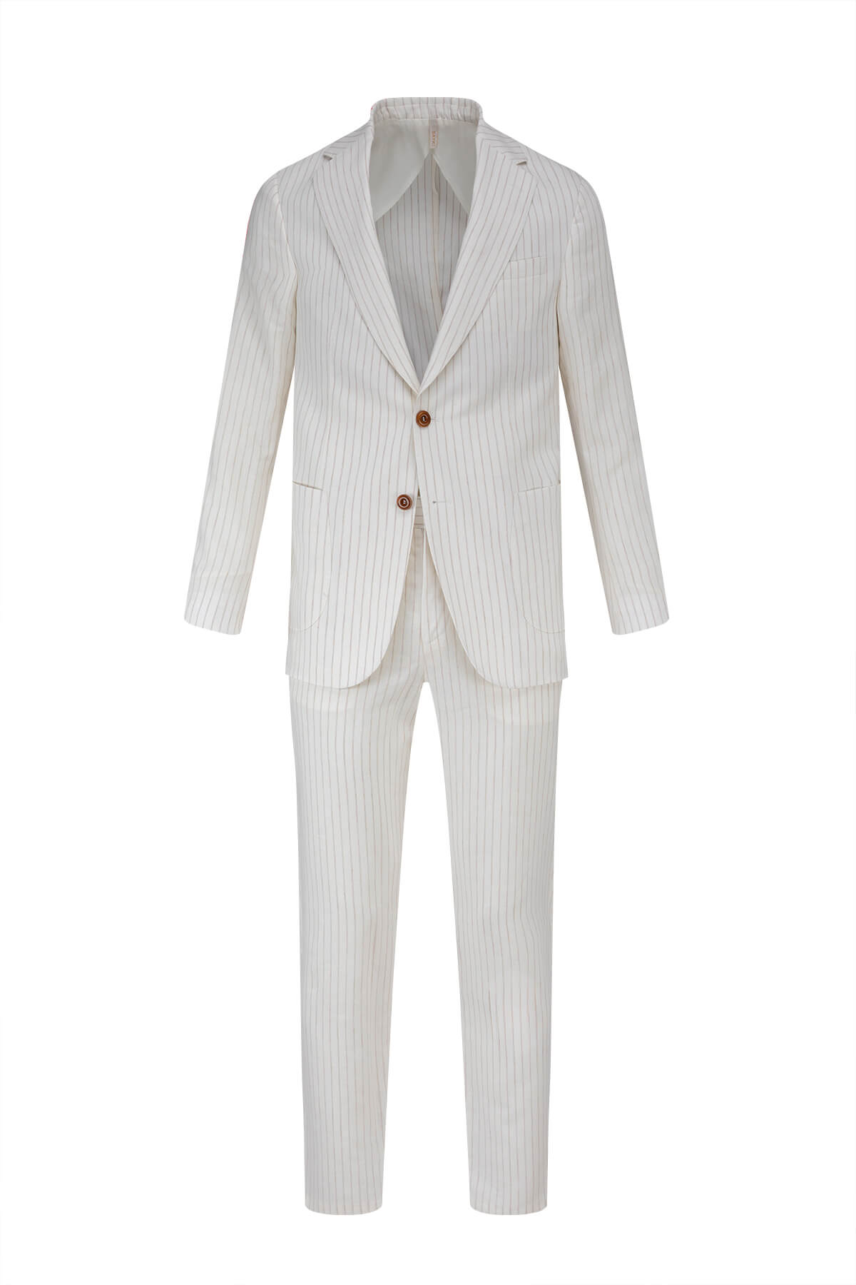A crisp white pinstripe suit with subtle vertical stripes and matching trousers, featuring a classic two-button blazer.