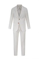 A crisp white pinstripe suit with subtle vertical stripes and matching trousers, featuring a classic two-button blazer.