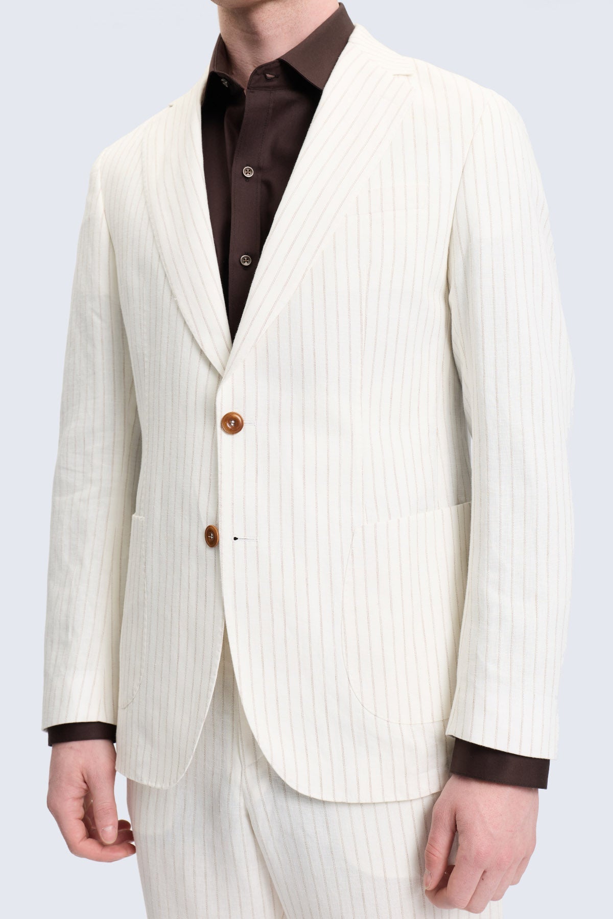 Comfort fit ecru notch lapel striped linen cotton suit jacket with cream pinstripes brown buttons and dark cuffs
