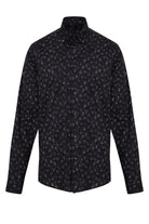 Black long-sleeved button-up shirt with a subtle white floral pattern.