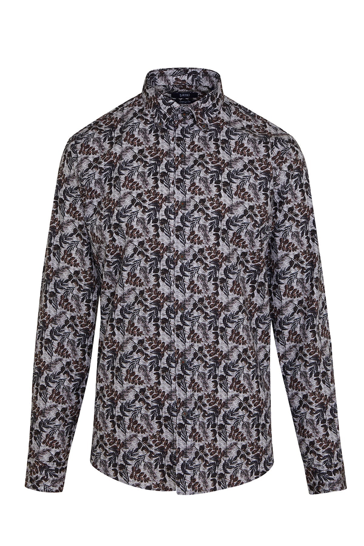 A men’s long-sleeved button-up shirt in a dark gray and black botanical print, featuring a classic collar and tailored fit.
