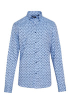 Light blue button-down shirt with a subtle dark blue floral pattern.