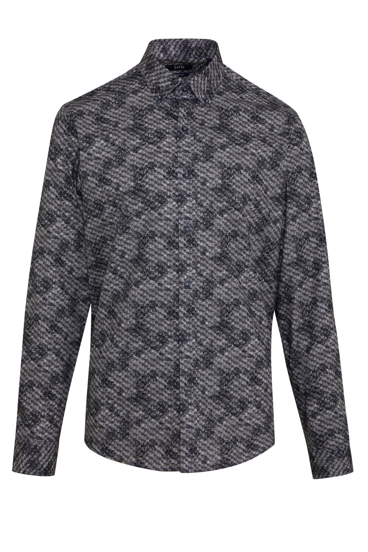 A men’s long-sleeved button-up shirt in a dark gray and black herringbone pattern with subtle shimmering threads.