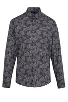 A men’s long-sleeved button-up shirt in a dark gray and black herringbone pattern with subtle shimmering threads.
