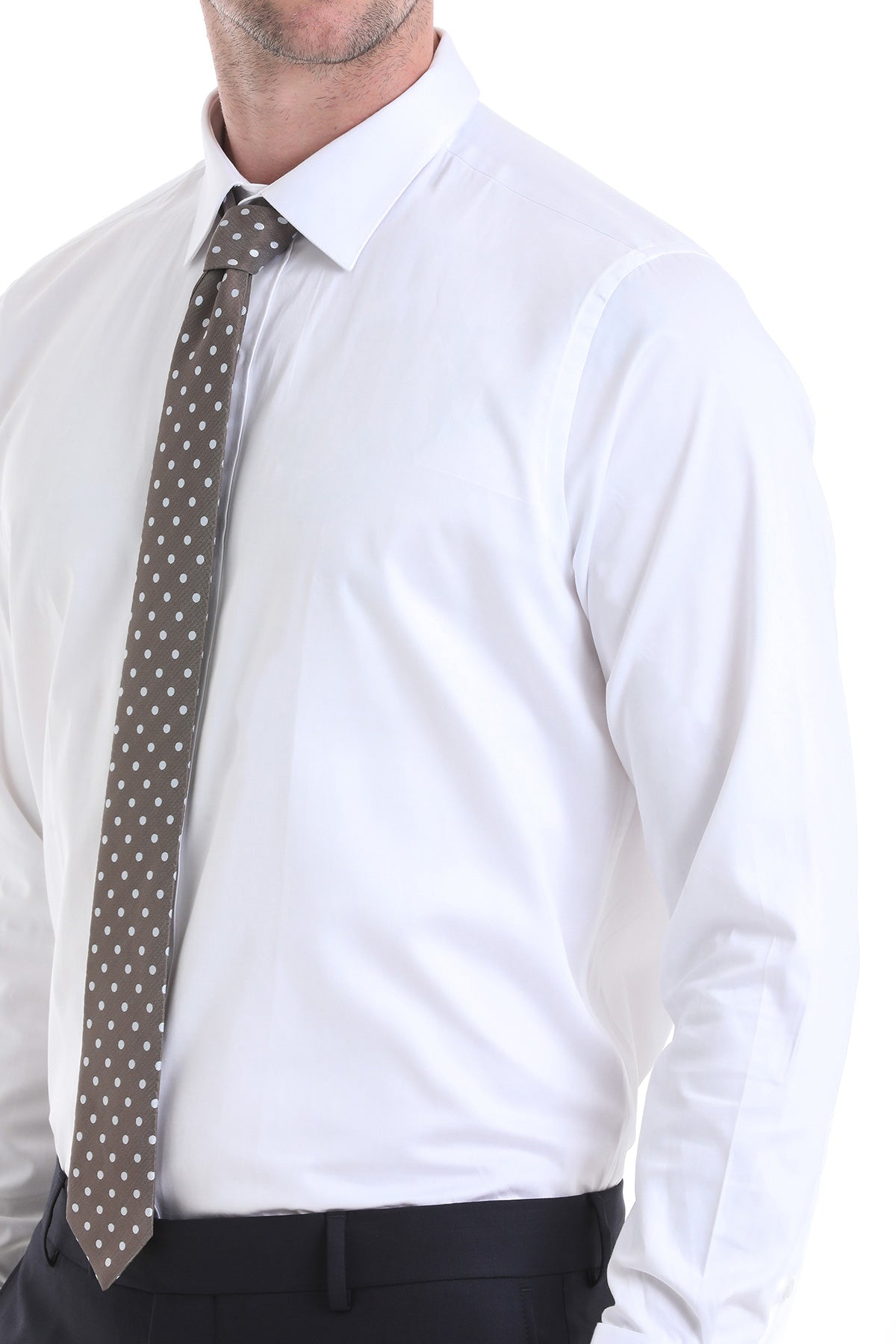 A brown polka dot tie paired with a comfort fit french cuff 100% cotton white tuxedo shirt