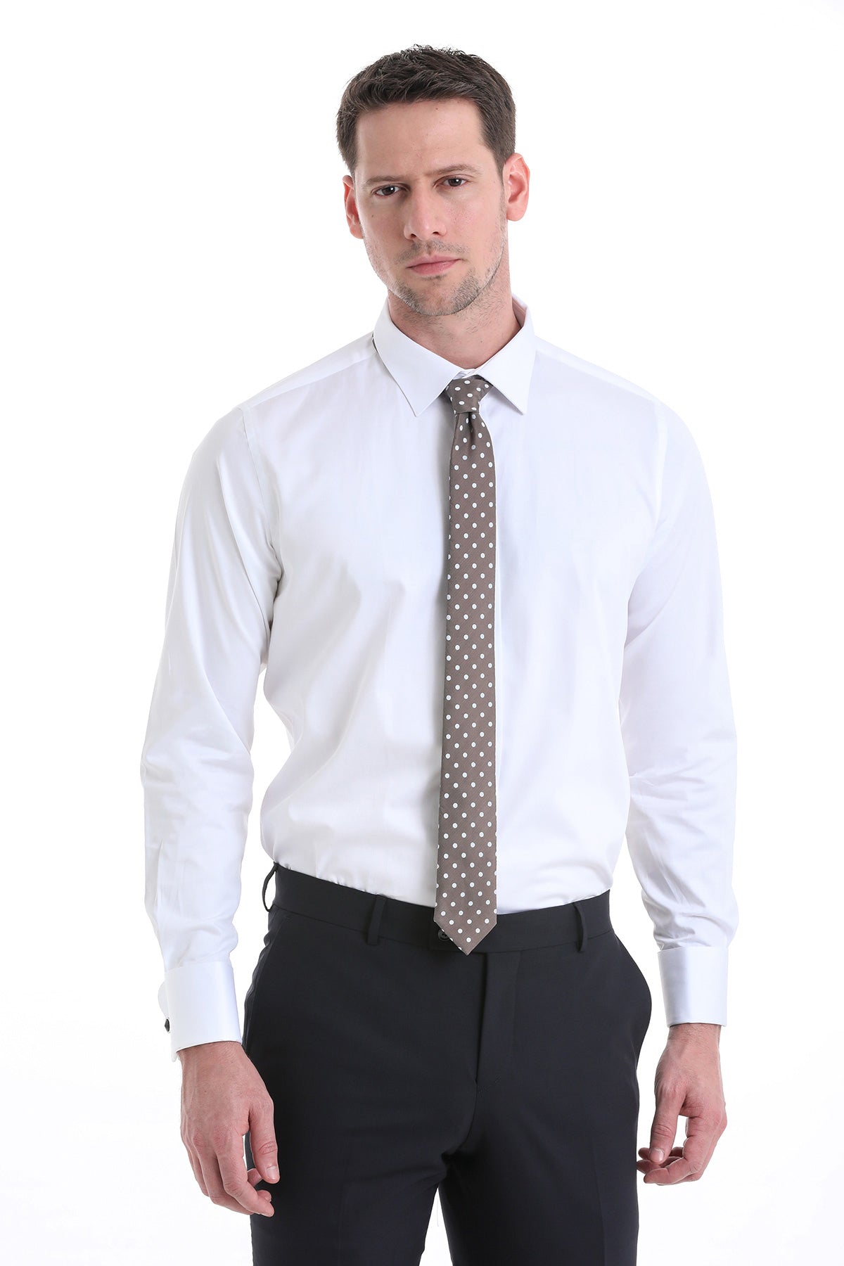 Brown tie with white polka dots paired with a comfort fit french cuff 100% cotton tuxedo shirt