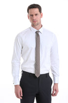Brown tie with white polka dots paired with a comfort fit french cuff 100% cotton tuxedo shirt