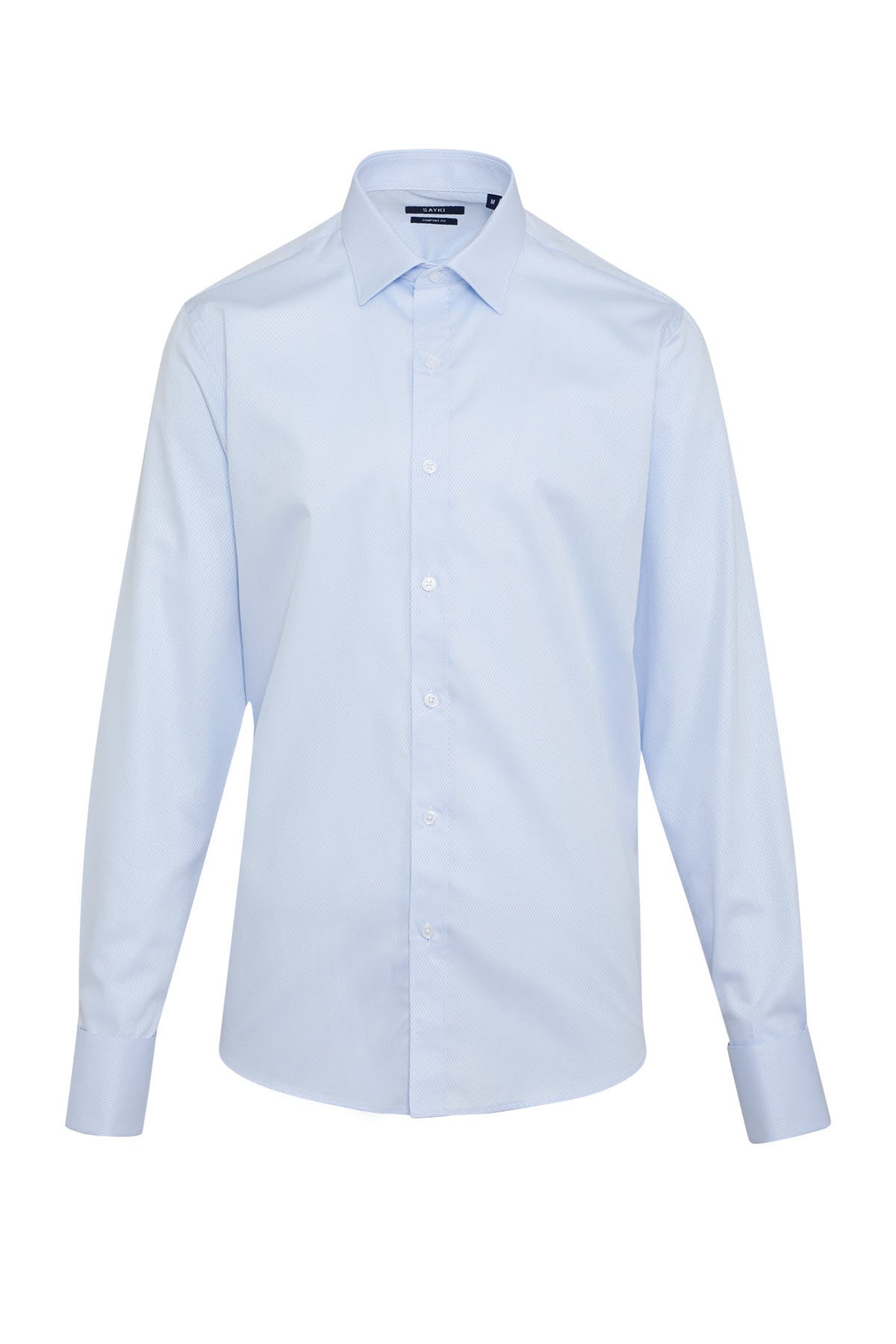 A crisp, light blue men’s dress shirt with a classic collar and button-down front.