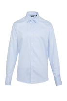 A crisp, light blue men’s dress shirt with a classic collar and button-down front.