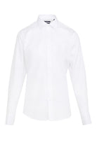 White men’s dress shirt with a classic collar and button-down front.