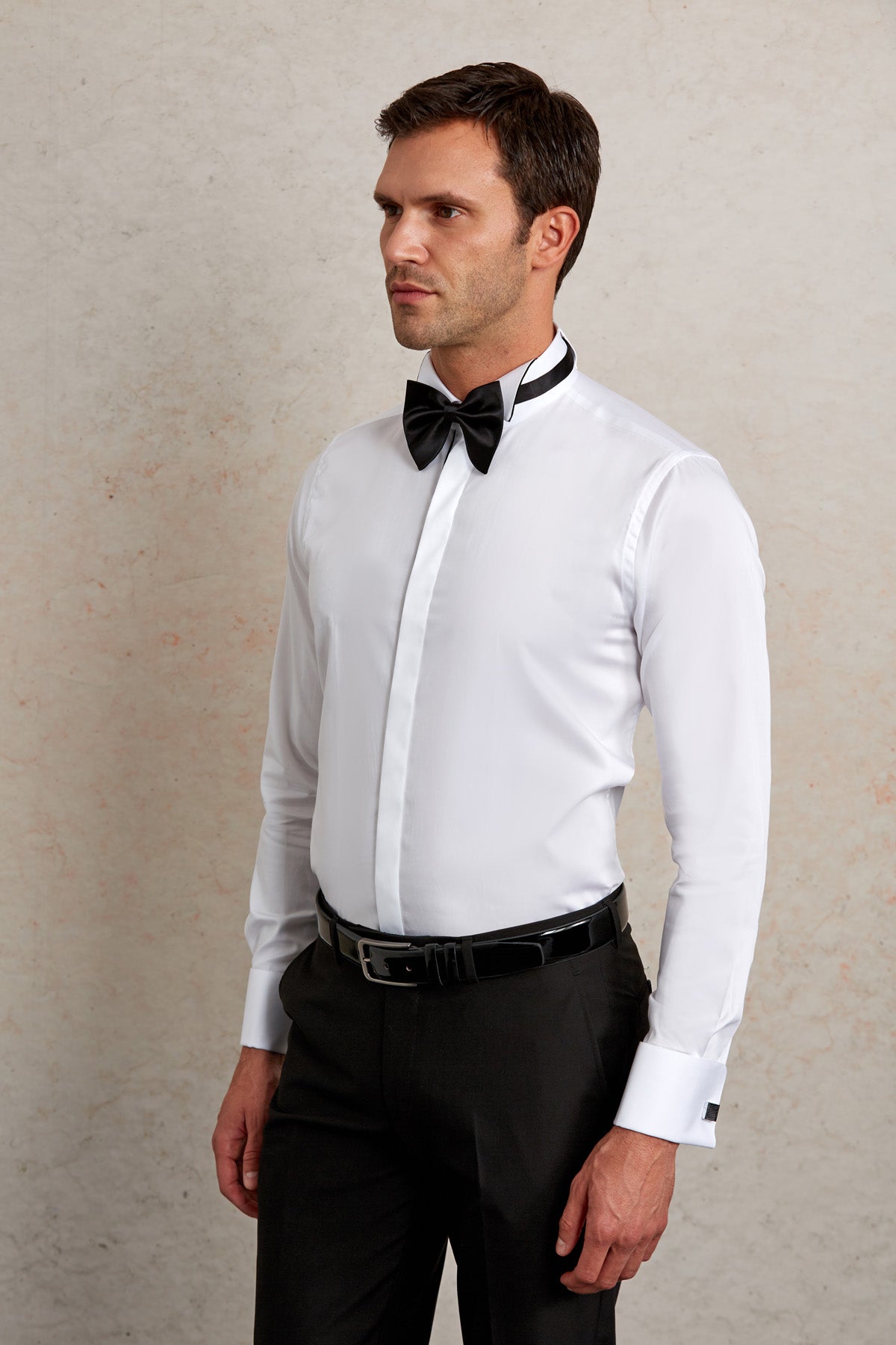 Comfort Fit French Cuff Cotton White Tuxedo Shirt - SAYKI