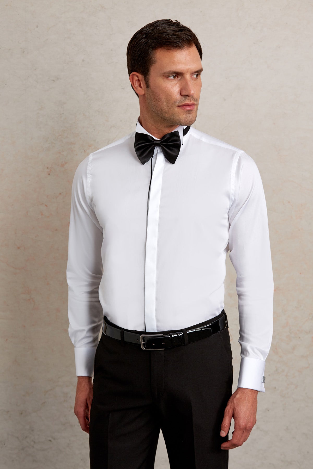 Comfort Fit French Cuff Cotton White Tuxedo Shirt - SAYKI