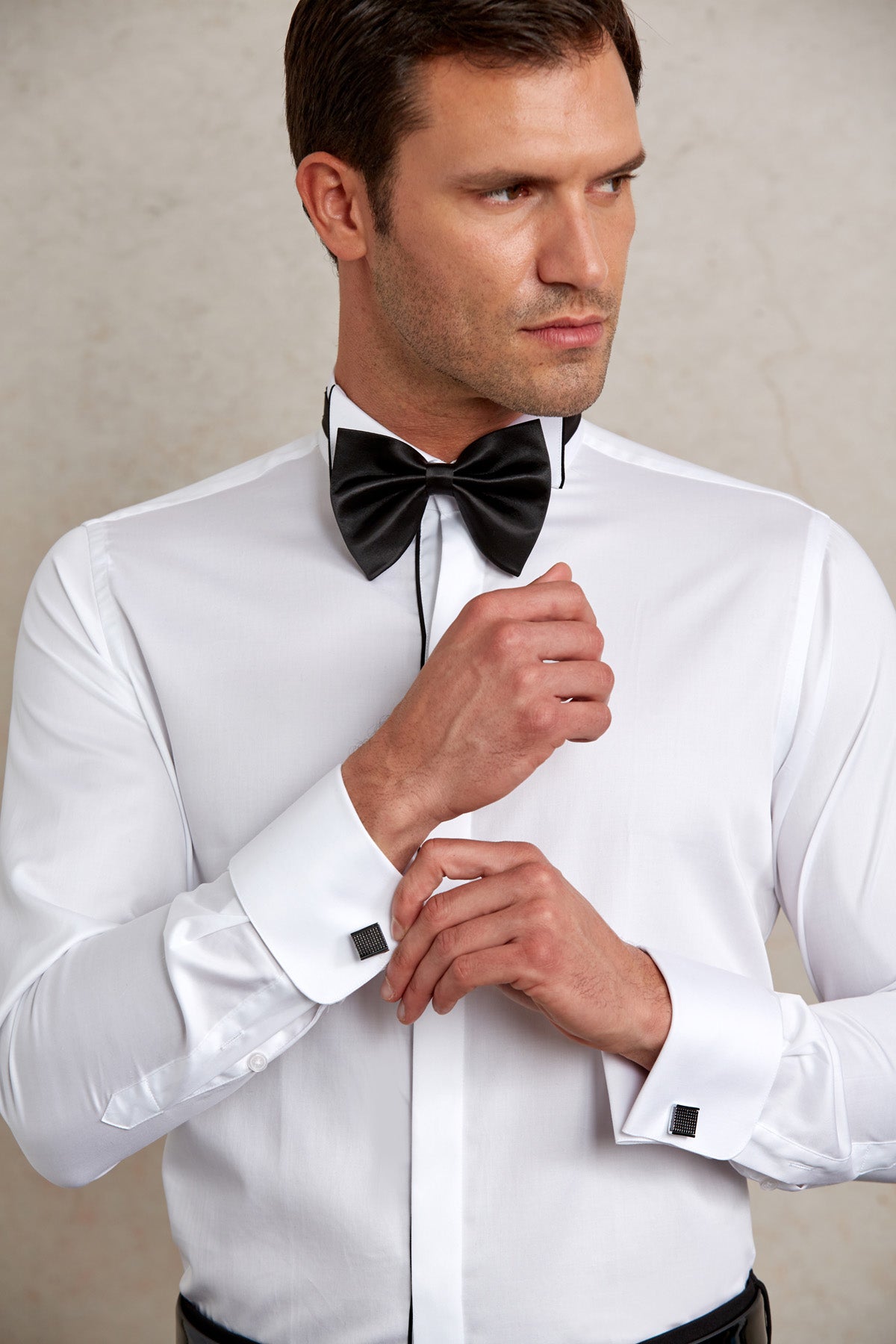 Comfort Fit French Cuff Cotton White Tuxedo Shirt - SAYKI