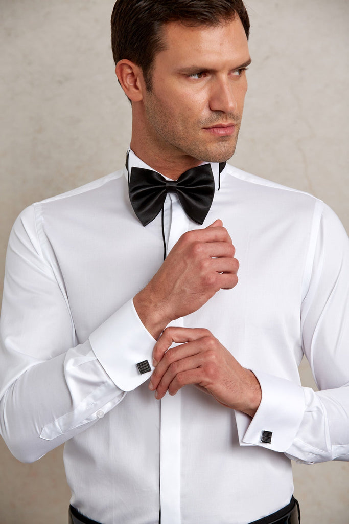 Comfort Fit French Cuff Plain Cotton Black Tuxedo Shirt -