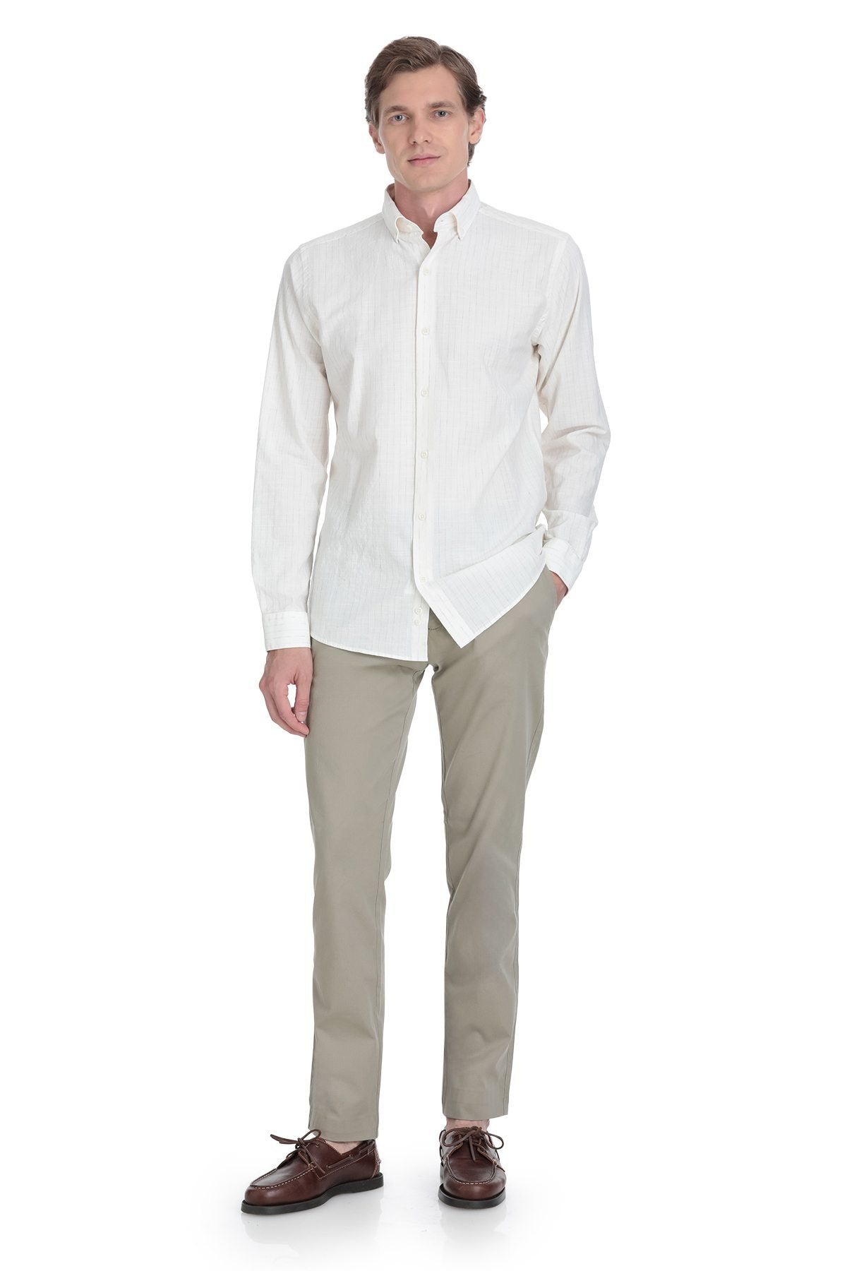 A crisp white long-sleeved button-down shirt with a classic collar and neatly pressed fabric.