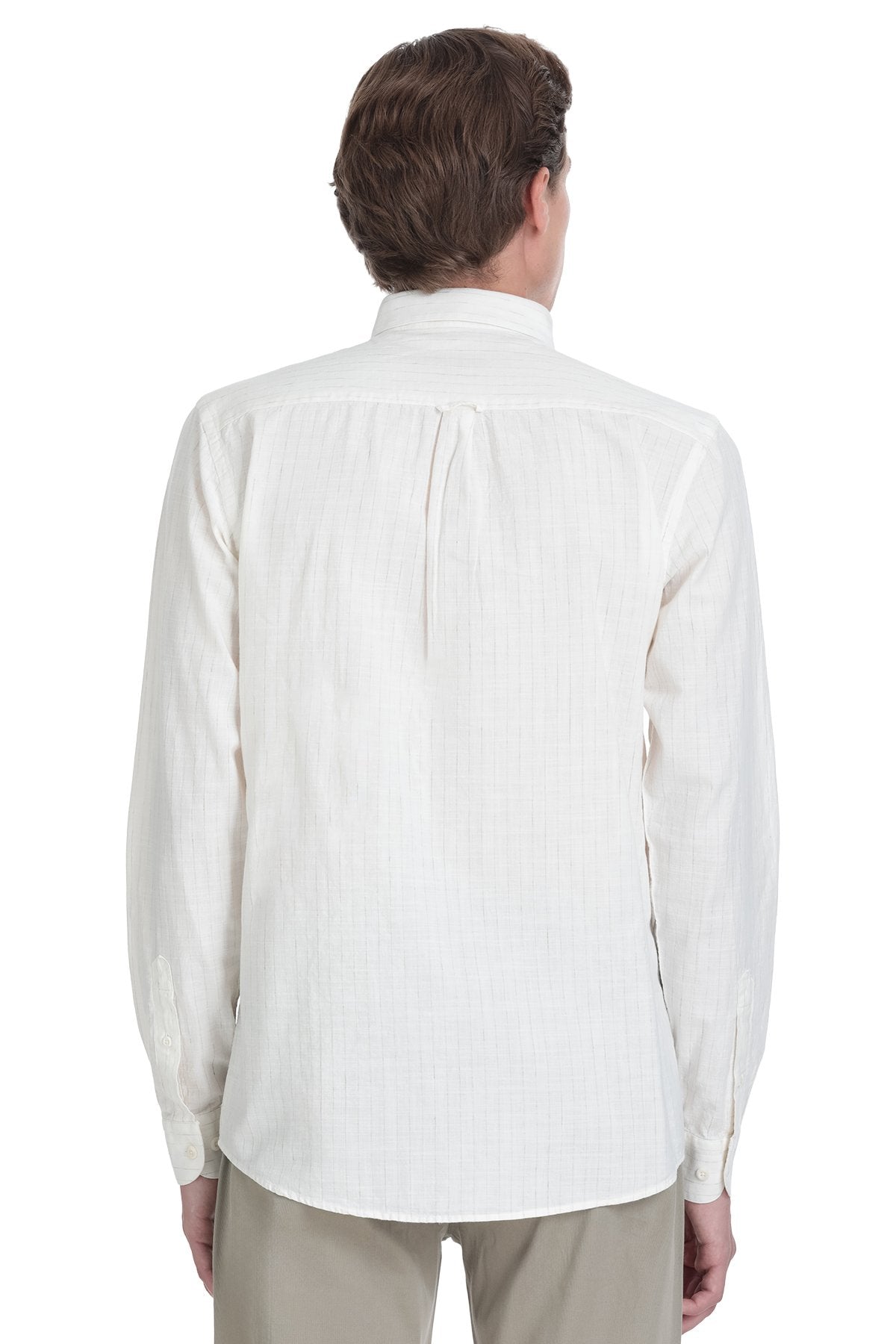 A crisp white long-sleeved dress shirt with a classic collar and back pleats.