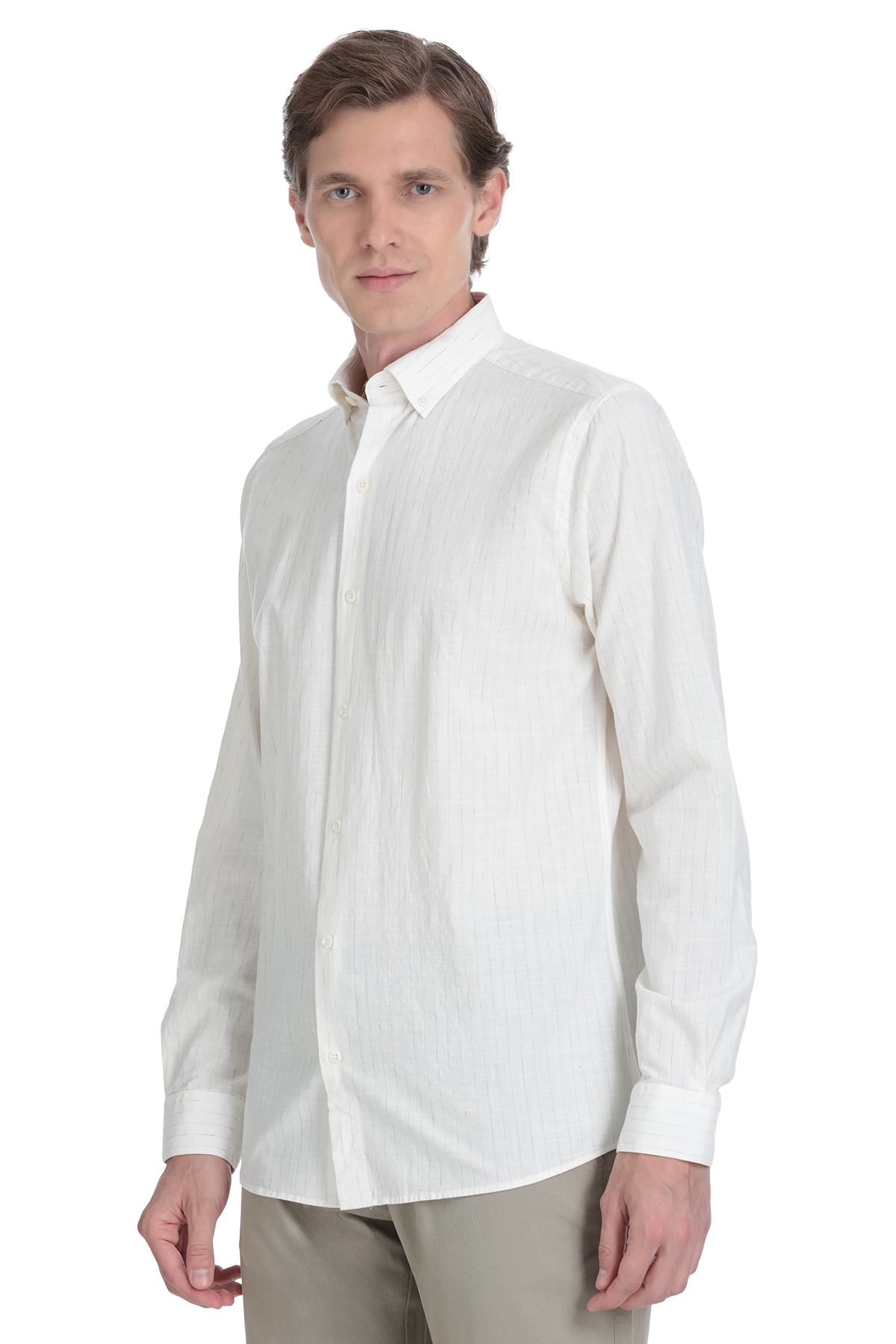 A crisp white long-sleeved dress shirt with a classic collar and button-down front.