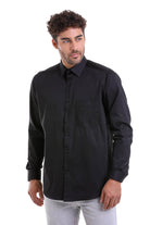 Black long-sleeved button-down shirt with a classic collar and subtle texture.