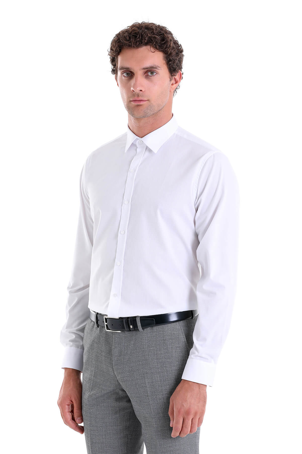 White men’s dress shirt with a classic collar and long sleeves.