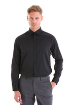 Black long-sleeved button-down shirt with a classic collar and tailored fit.