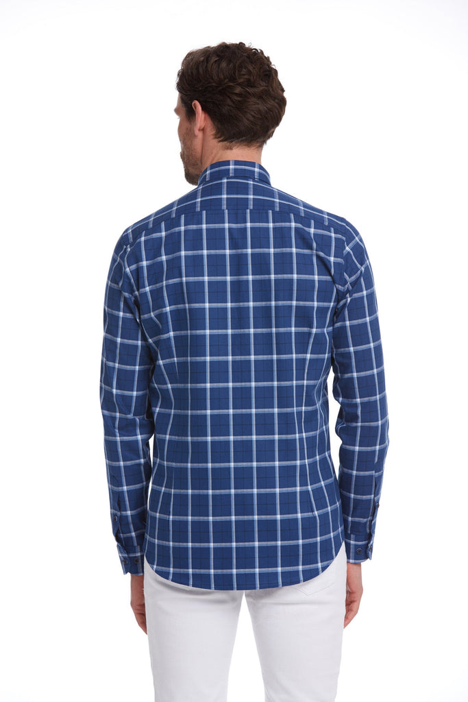 Comfort Fit Long Sleeve Checked Cotton Navy Casual Shirt -