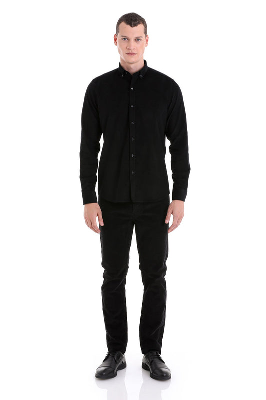 Black long-sleeved button-down shirt with a classic collar and tailored fit.