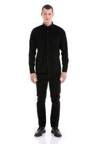 Black long-sleeved button-down shirt with a classic collar and tailored fit.