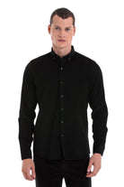Black long-sleeved button-down shirt with a classic collar and subtle texture.