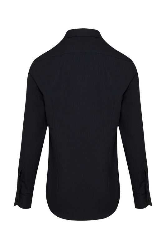 Black long-sleeved dress shirt with a classic collar and buttoned cuffs.