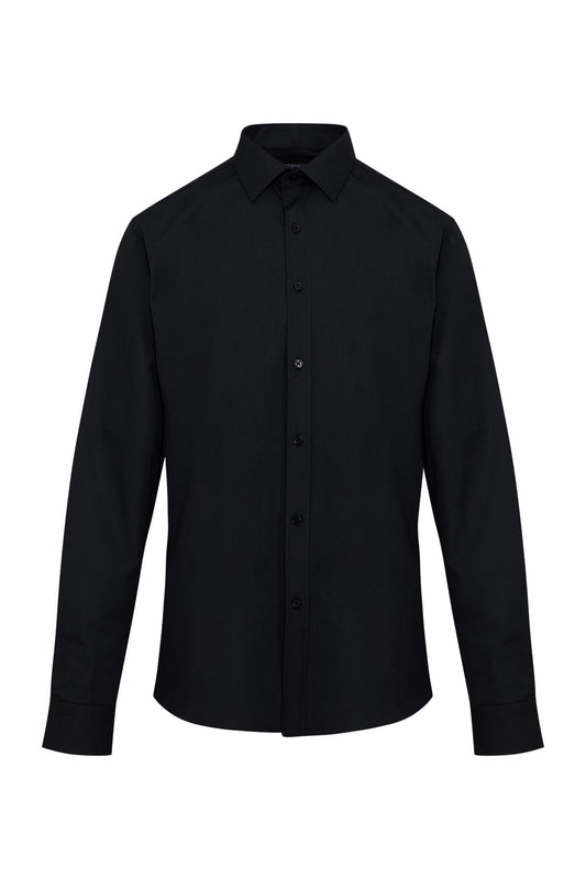 Black long-sleeved dress shirt with a classic collar and button-down front.