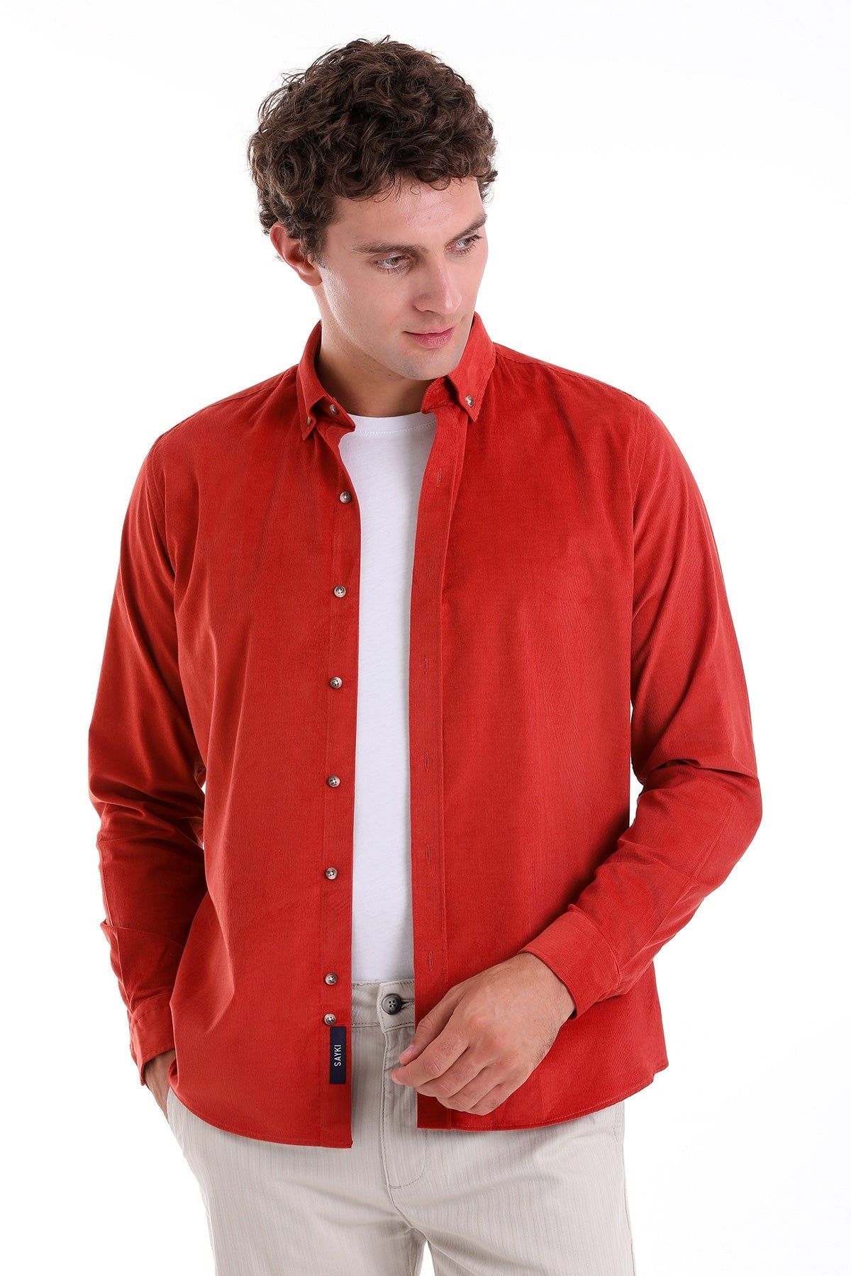 A vibrant red, long-sleeved button-up shirt with a classic collar and subtle stitching details.