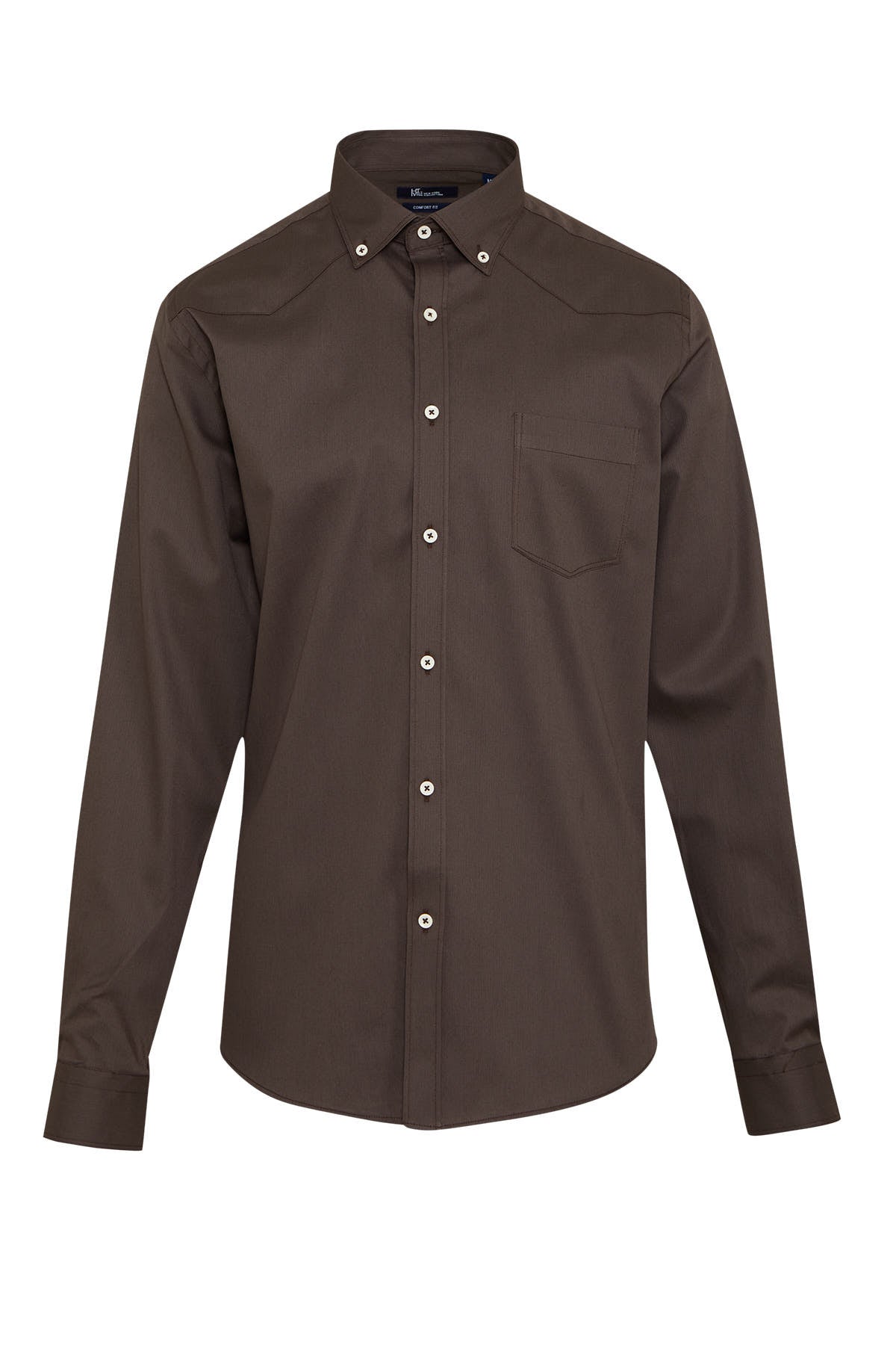 A dark brown, long-sleeved button-down shirt with a classic collar and matching buttons.