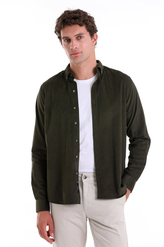 Dark olive green long-sleeved button-up shirt with a classic collar and subtle stitching details.