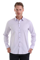 A crisp, light lavender men’s dress shirt with a classic collar and button-down front.