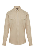 Beige long-sleeved button-down shirt with two chest pockets and white buttons.