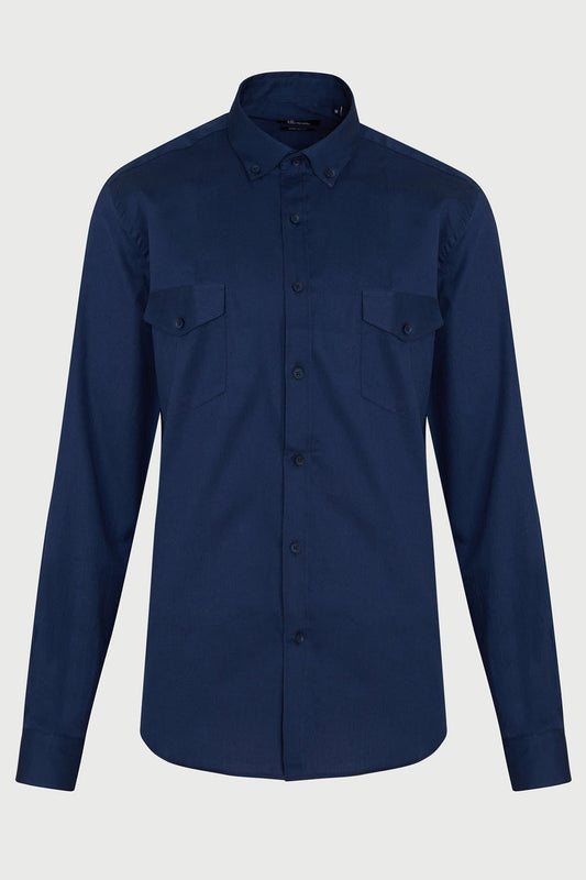 Comfort Fit Long Sleeve Cotton Navy Casual Shirt - SAYKI