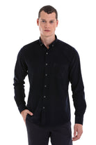 Black long-sleeved button-down shirt with subtle texture and white buttons.