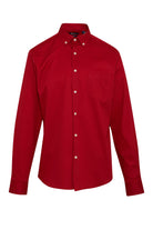 A vibrant red, long-sleeved button-down shirt with a classic collar and matching white buttons.