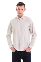 A crisp, off-white button-down shirt with a classic collar and neatly stitched details.