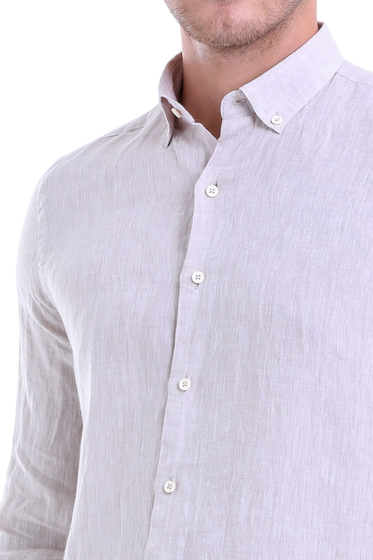 Comfort Fit Long Sleeve Linen Beige Casual Shirt - MIB