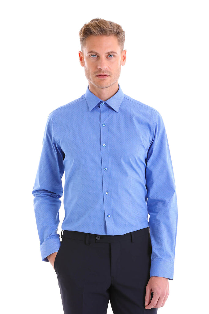 Comfort Fit Long Sleeve Patterned Cotton Blue Casual Shirt