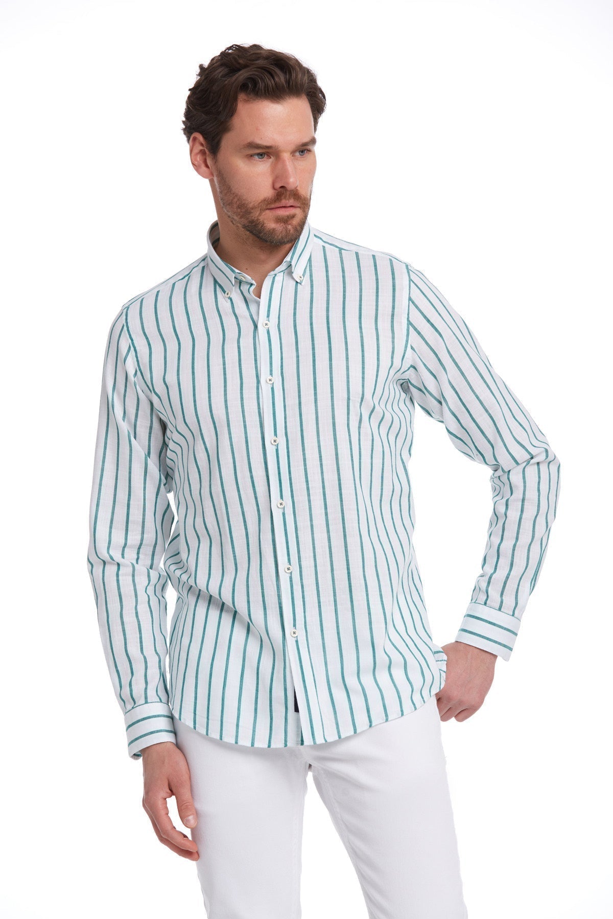 A men’s long-sleeved button-down shirt with vertical teal and white stripes, featuring a classic collar and cuffs.