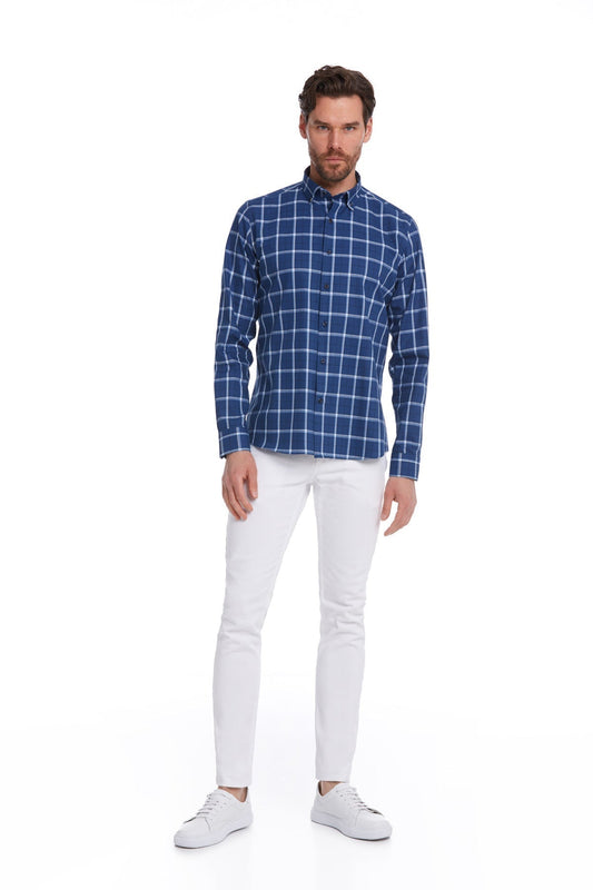Blue and white plaid button-down shirt with a classic collar.