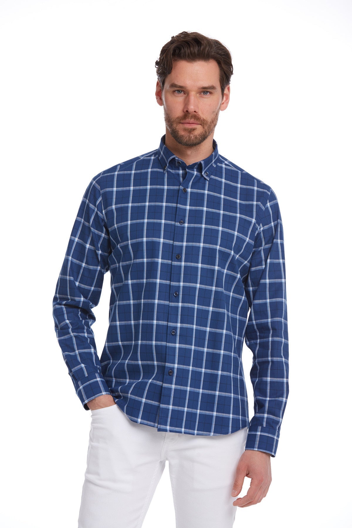 Blue and white plaid long-sleeved button-down shirt.