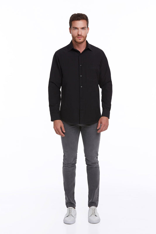 Black long-sleeved button-up shirt with a classic collar and subtle texture.
